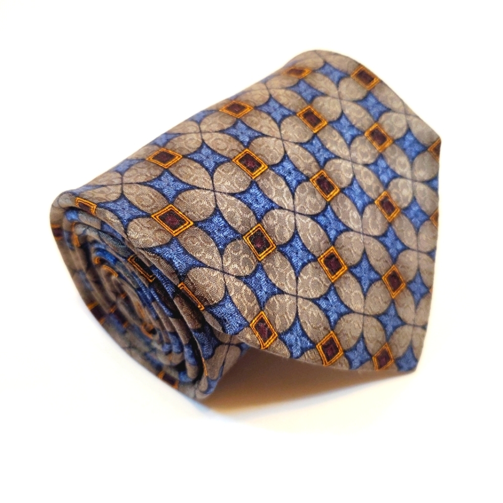 Nino Mori Necktie Blue & Gray Geometric Pattern Men's Silk Neck Tie 58x3.5"